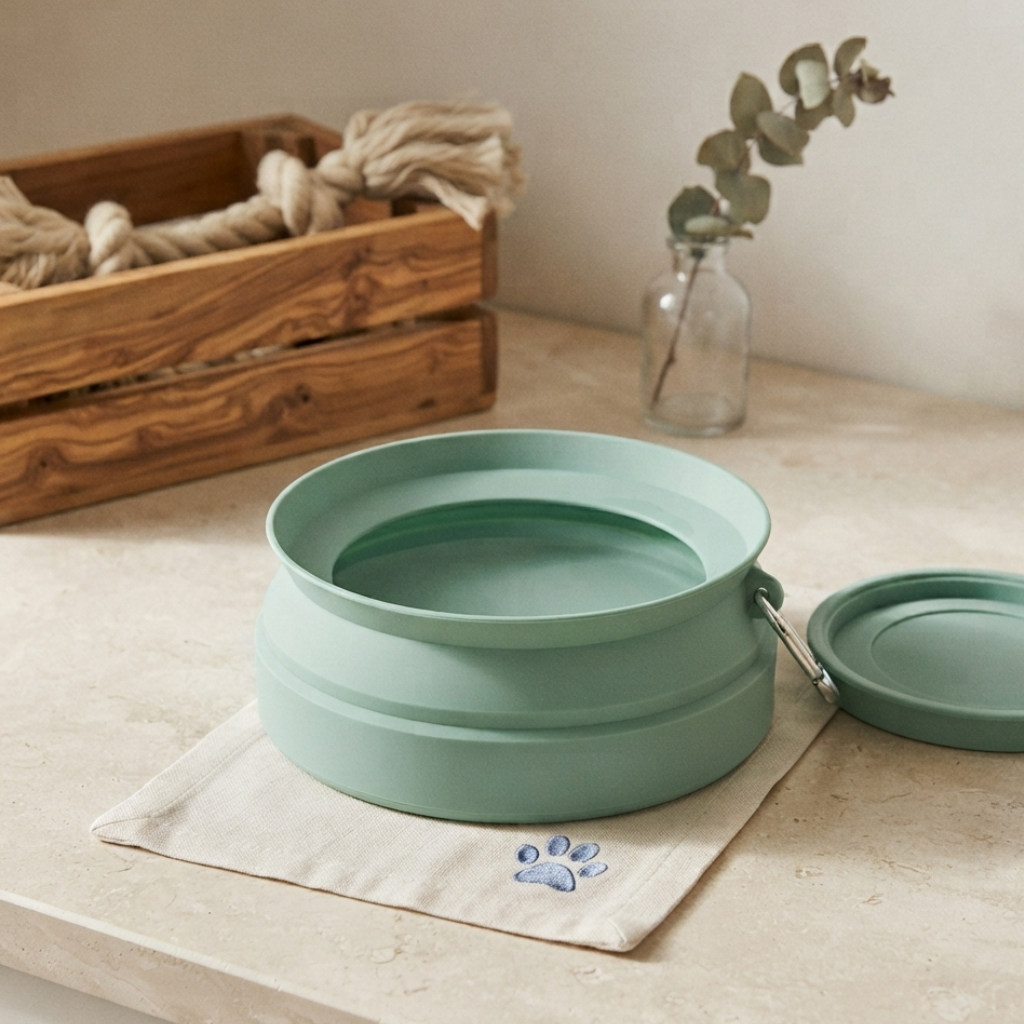 A blue green collapsible pet bowl with a folded bowl resting beside it on a beige cloth with a blue paw print, set on a stone countertop with a wooden crate with fabric pet toy and a glass bottle in the background.