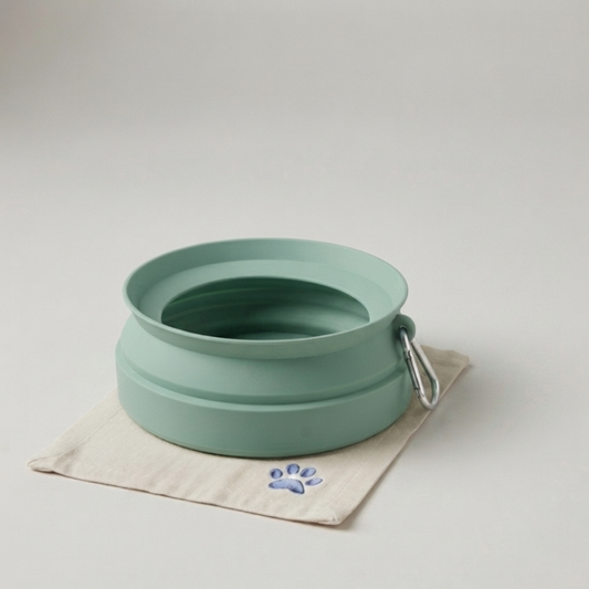 A seafoam green-teal collapsible pet bowl with a silver metal carabiner clip, resting on a beige fabric pouch with a blue paw print logo, set against a neutral light gray background.