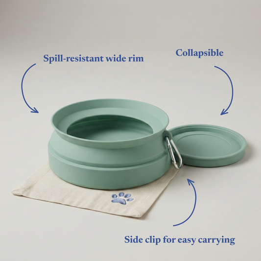 A blue green collapsible travel pet bowl with a folded bowl next to it, shown on a light beige cloth with text callouts reading 'Spill-resistant wide rim,' 'Collapsible,' and 'Side clip for easy carrying.'.